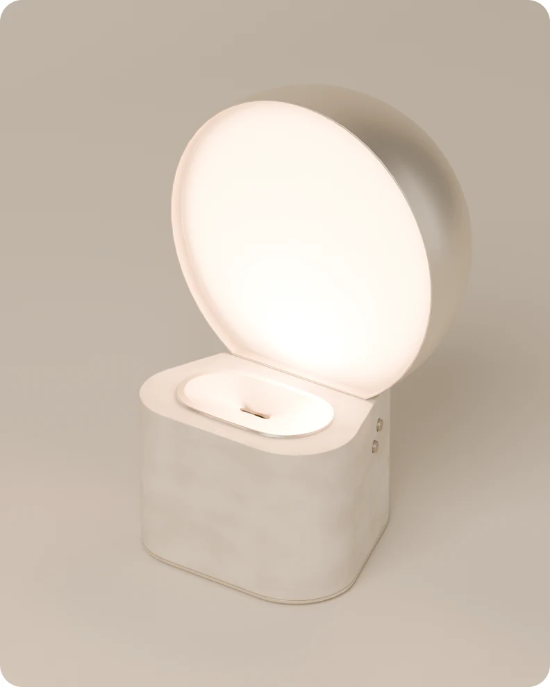 The Olin diffuser with its dome open, glowing with warm light